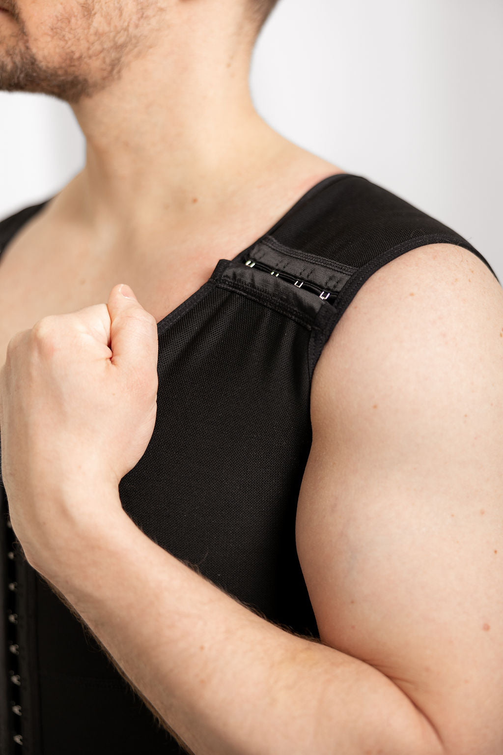 Mens Compression Garment with Adjustable Hook and Eye Closures. Effortless Fit